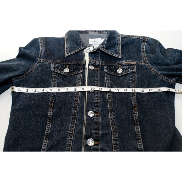 Calvin Klein Jeans Denim Jacket M  hand decorated with striped fabric trim - Picture 4 of 10